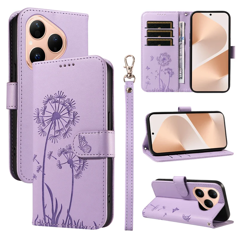 For Huawei Pura 80 Leather Wallet Case with Strap Dandelion Imprint Phone Stand Cover - Red-Cellmalls