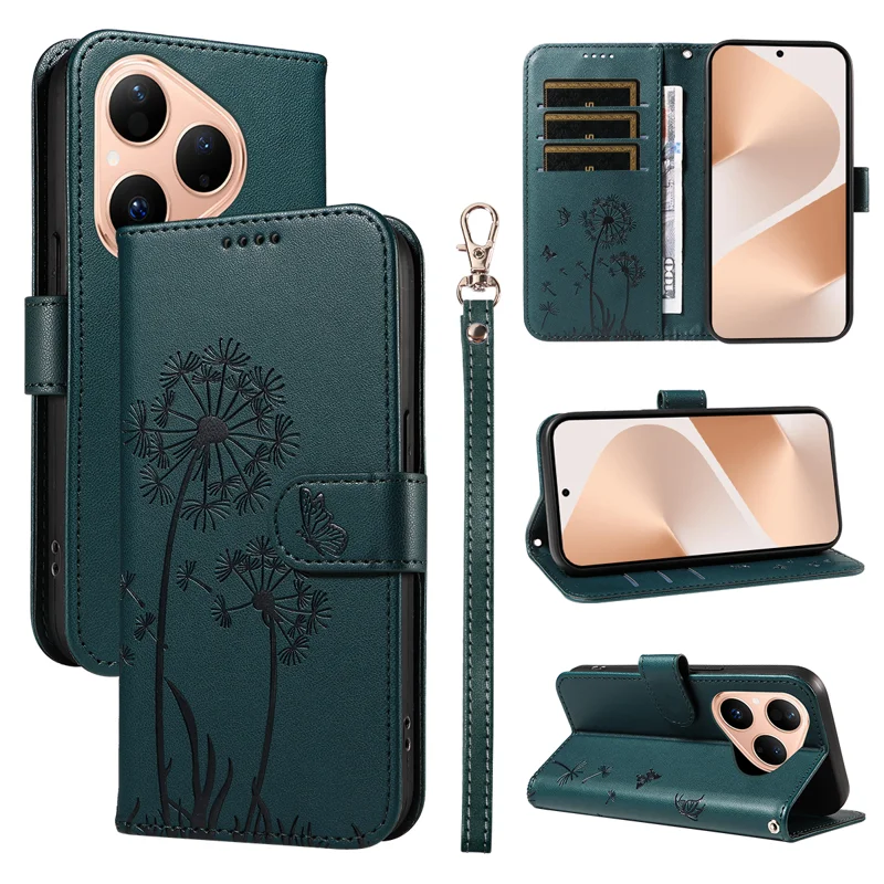 For Huawei Pura 80 Leather Wallet Case with Strap Dandelion Imprint Phone Stand Cover - Red-Cellmalls