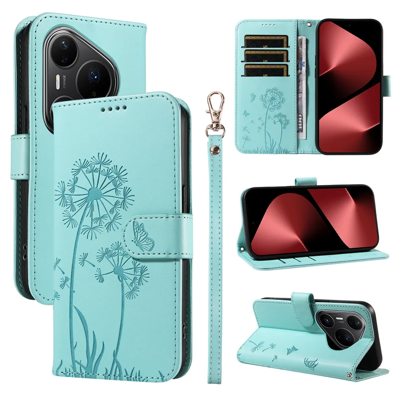 For Huawei Pura 80 Pro+ / Huawei Pura 80 Pro Leather Wallet Case with Strap Dandelion Imprint Phone Stand Cover - Red-Cellmalls