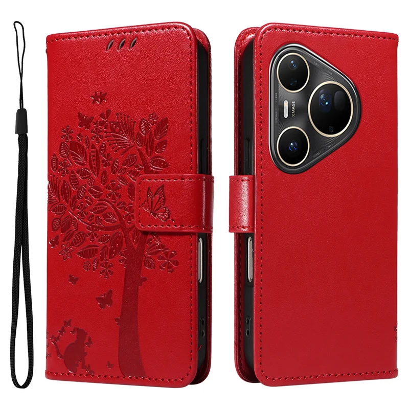 For Huawei Pura 80 Ultra Phone Case with Stand Cat Tree Pattern Leather Wallet Mobile Cover - Grey-Cellmalls