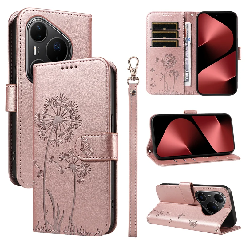 For Huawei Pura 80 Pro+ / Huawei Pura 80 Pro Leather Wallet Case with Strap Dandelion Imprint Phone Stand Cover - Red-Cellmalls