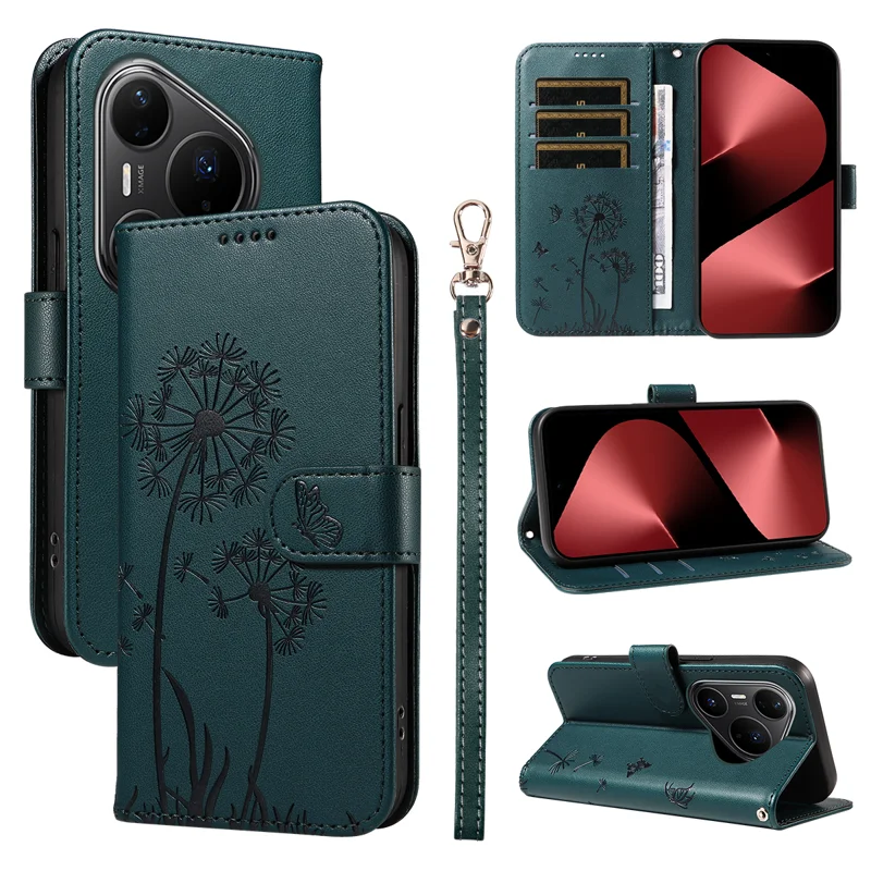 For Huawei Pura 80 Pro+ / Huawei Pura 80 Pro Leather Wallet Case with Strap Dandelion Imprint Phone Stand Cover - Red-Cellmalls