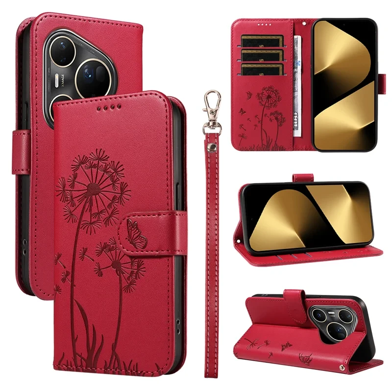 For Huawei Pura 80 Ultra Leather Wallet Case with Strap Dandelion Imprint Phone Stand Cover - Red-Cellmalls