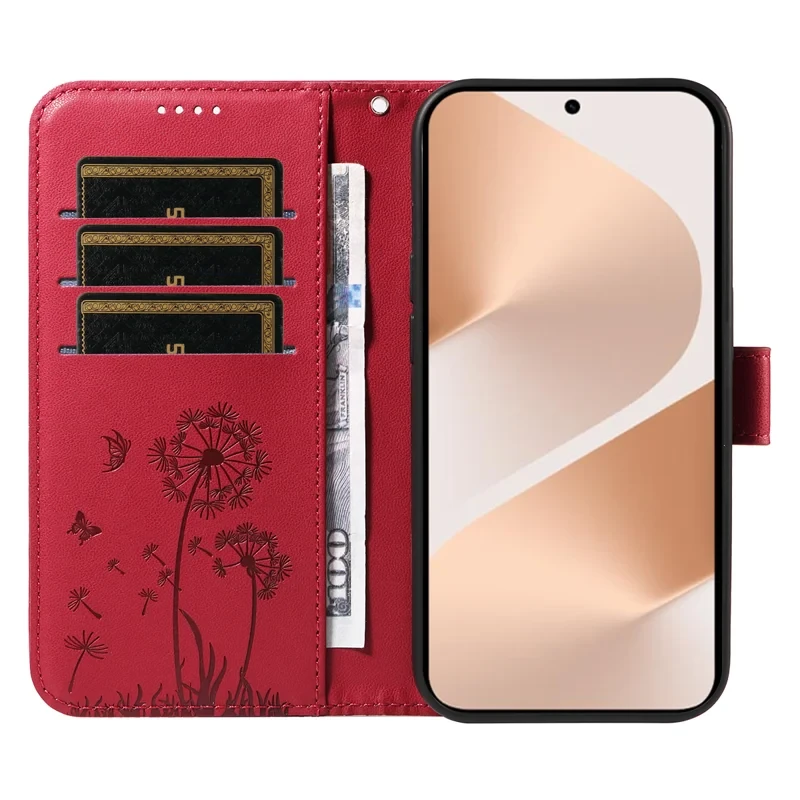 For Huawei Pura 80 Leather Wallet Case with Strap Dandelion Imprint Phone Stand Cover - Red-Cellmalls