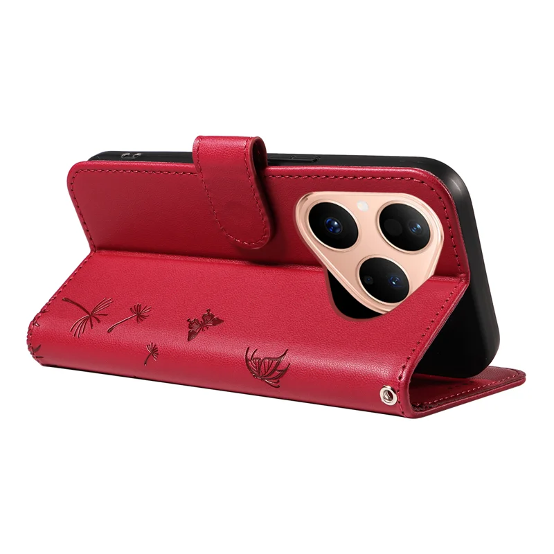 For Huawei Pura 80 Leather Wallet Case with Strap Dandelion Imprint Phone Stand Cover - Red-Cellmalls