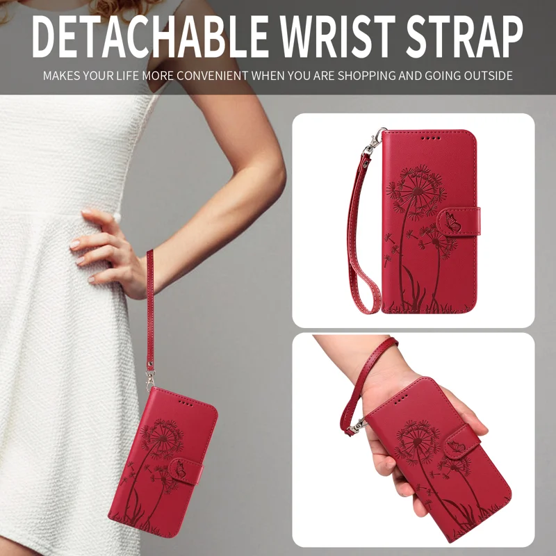 For Huawei Pura 80 Leather Wallet Case with Strap Dandelion Imprint Phone Stand Cover - Red-Cellmalls