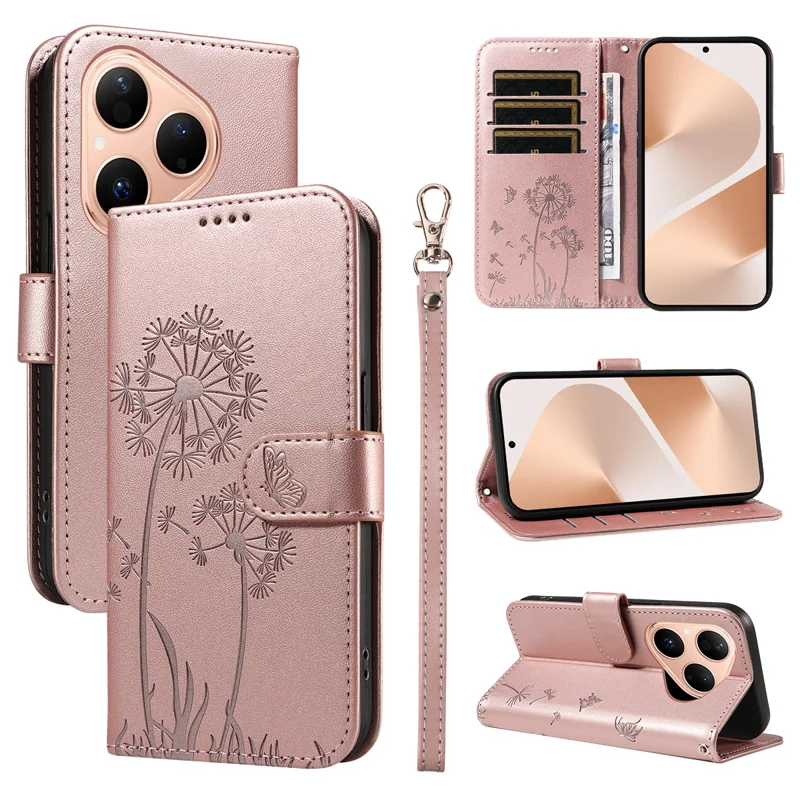 For Huawei Pura 80 Leather Wallet Case with Strap Dandelion Imprint Phone Stand Cover - Red-Cellmalls