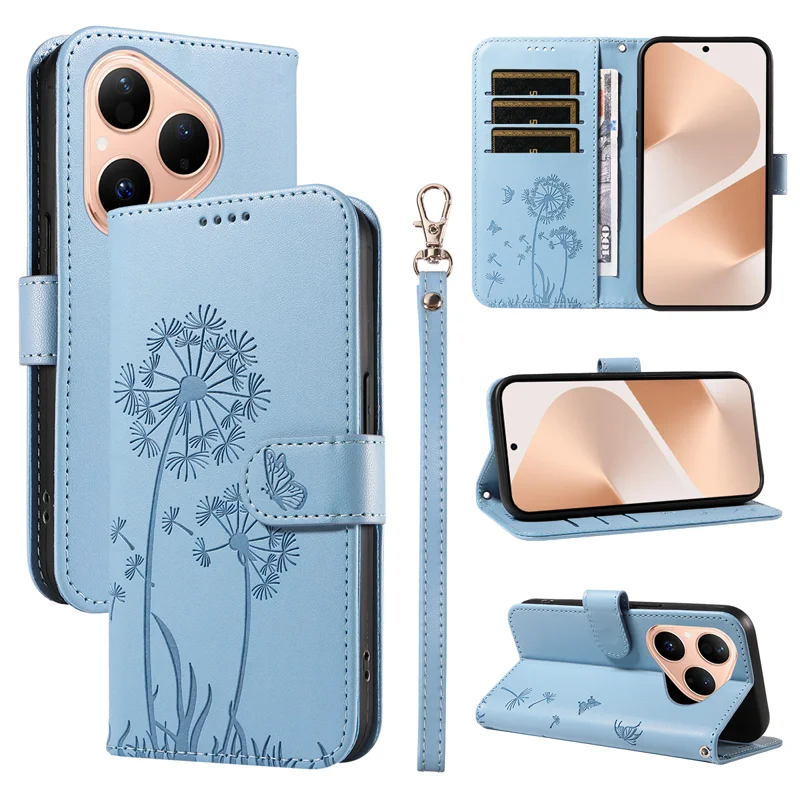 For Huawei Pura 80 Leather Wallet Case with Strap Dandelion Imprint Phone Stand Cover - Red-Cellmalls