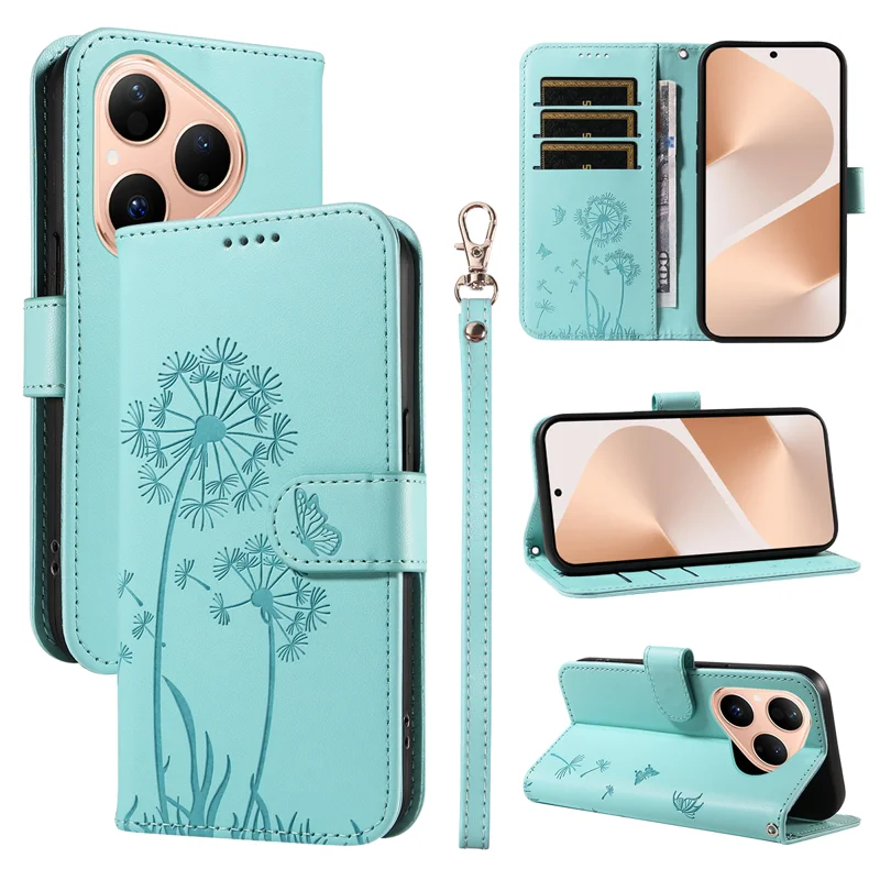For Huawei Pura 80 Leather Wallet Case with Strap Dandelion Imprint Phone Stand Cover - Red-Cellmalls