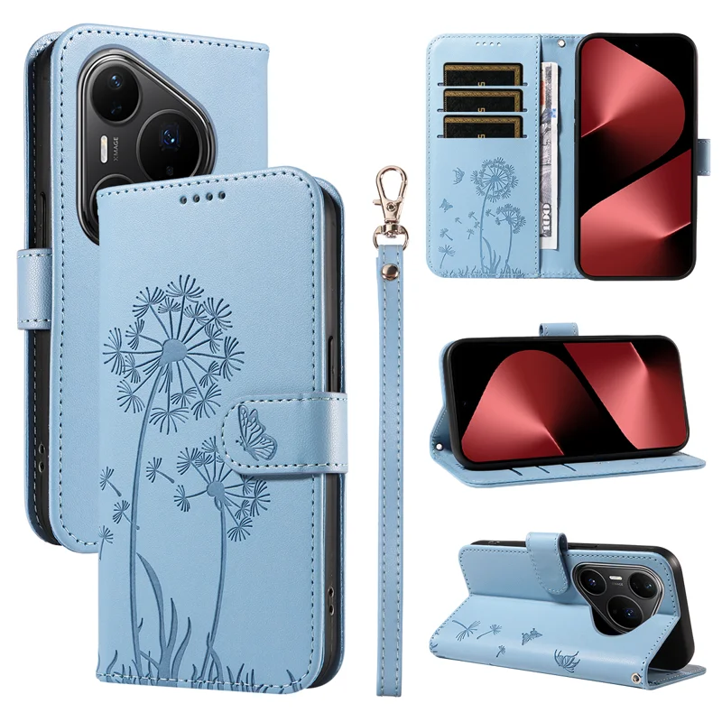 For Huawei Pura 80 Pro+ / Huawei Pura 80 Pro Leather Wallet Case with Strap Dandelion Imprint Phone Stand Cover - Red-Cellmalls