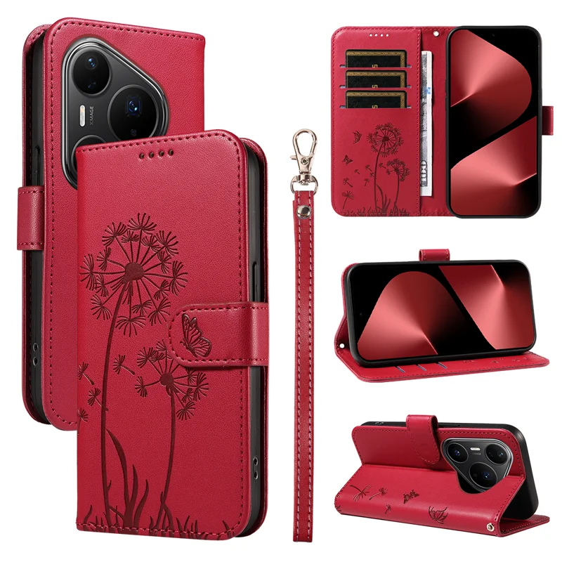 For Huawei Pura 80 Pro+ / Huawei Pura 80 Pro Leather Wallet Case with Strap Dandelion Imprint Phone Stand Cover - Red-Cellmalls