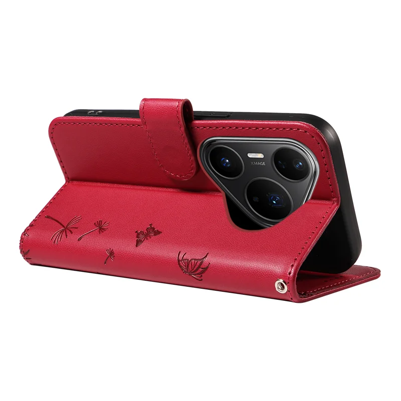 For Huawei Pura 80 Pro+ / Huawei Pura 80 Pro Leather Wallet Case with Strap Dandelion Imprint Phone Stand Cover - Red-Cellmalls