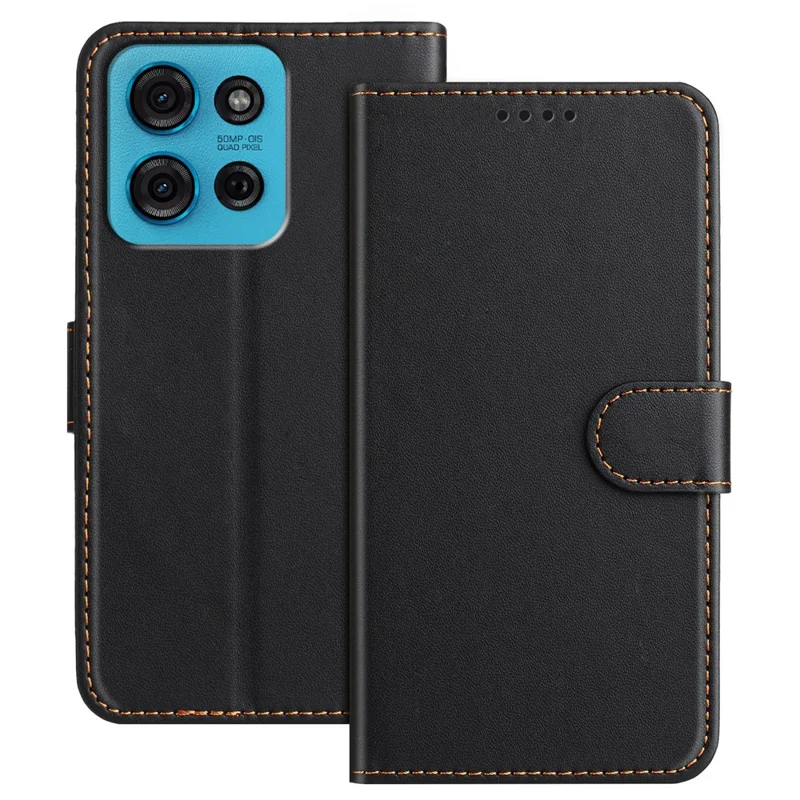 For Motorola Moto G75 5G Leather Case Wallet Stand Solid Color Anti Drop Phone Cover - Black-Cellmalls