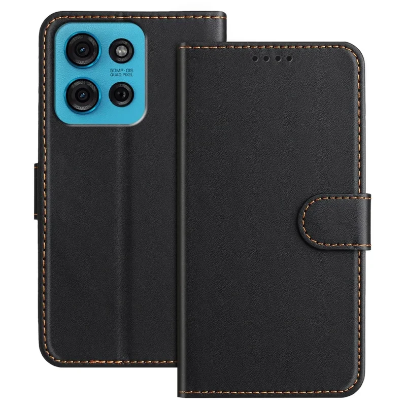 For Motorola Moto G75 5G Leather Case Wallet Stand Solid Color Anti Drop Phone Cover - Black-Cellmalls