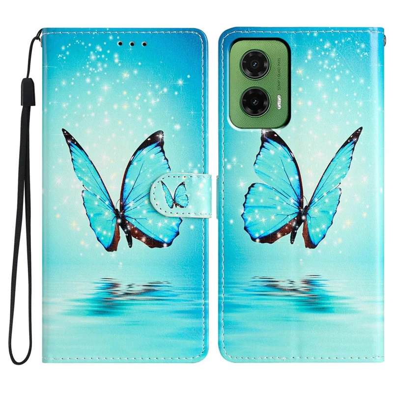 For Motorola Moto G35 5G Wallet Case PU Leather Pattern Printing Stand Phone Cover with Strap - Blue Butterfly-Cellmalls