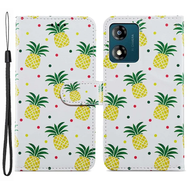 For Motorola Moto E13 4G PU Leather Pattern Printing Phone Case Stand Wallet Flip Phone Cover with Strap - Purple Flowers-Cellmalls