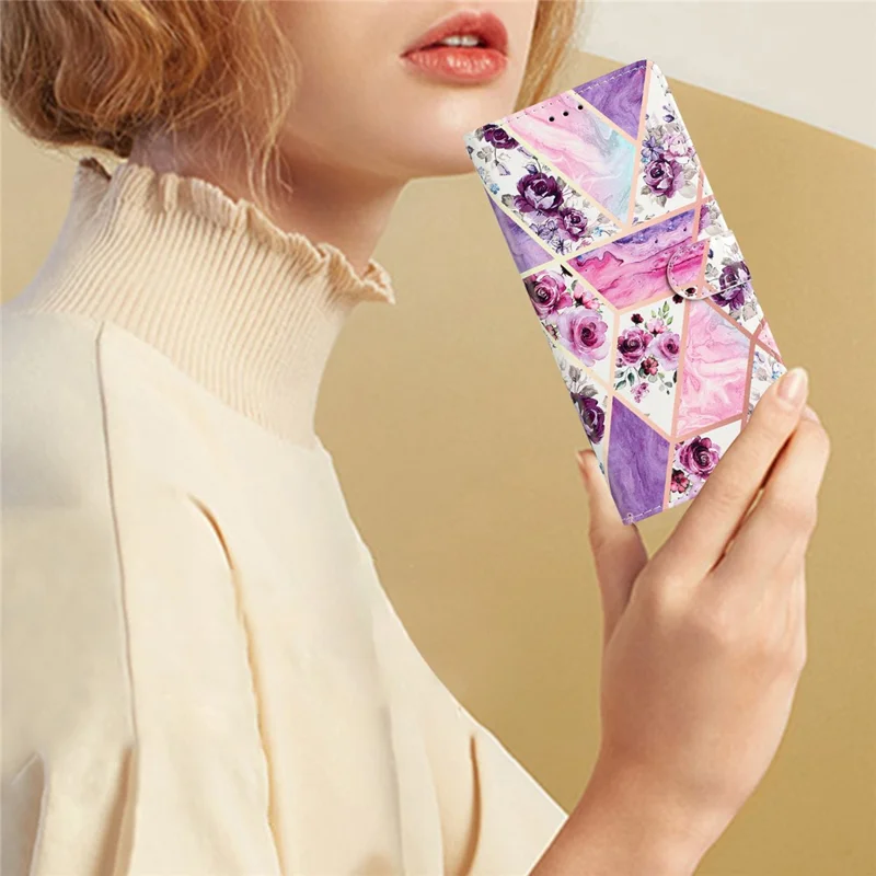 For Motorola Moto E13 4G PU Leather Pattern Printing Phone Case Stand Wallet Flip Phone Cover with Strap - Purple Flowers-Cellmalls