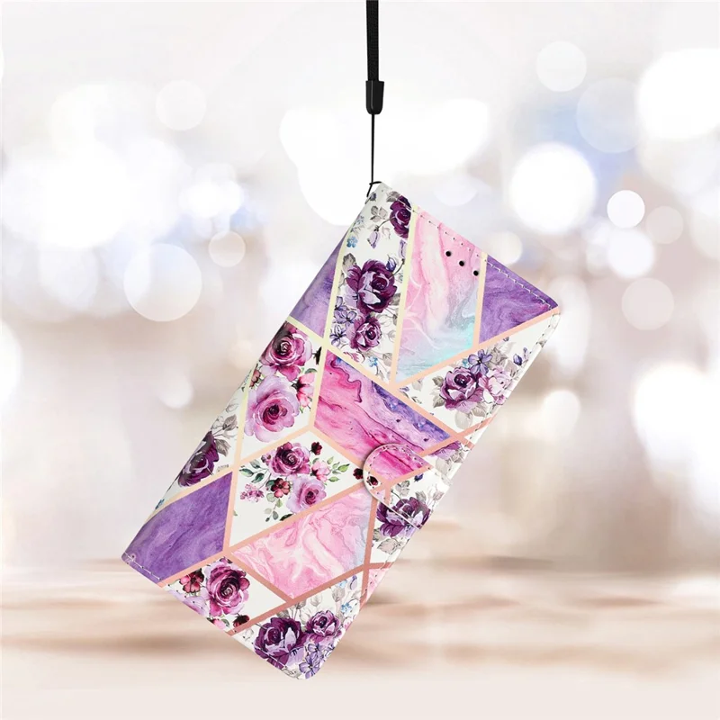 For Motorola Moto E13 4G PU Leather Pattern Printing Phone Case Stand Wallet Flip Phone Cover with Strap - Purple Flowers-Cellmalls