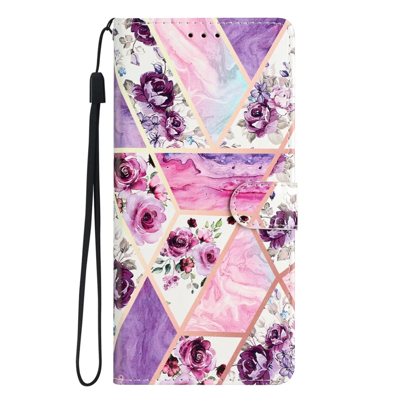 For Motorola Moto E13 4G PU Leather Pattern Printing Phone Case Stand Wallet Flip Phone Cover with Strap - Purple Flowers-Cellmalls