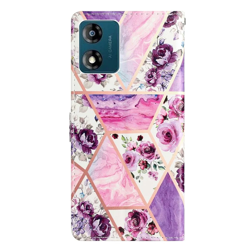 For Motorola Moto E13 4G PU Leather Pattern Printing Phone Case Stand Wallet Flip Phone Cover with Strap - Purple Flowers-Cellmalls