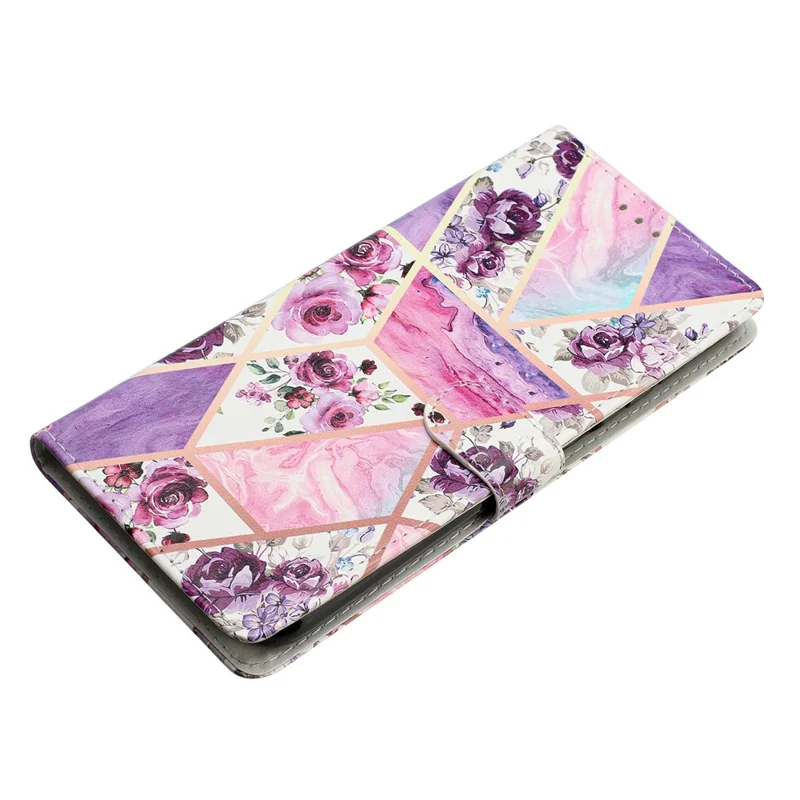 For Motorola Moto E13 4G PU Leather Pattern Printing Phone Case Stand Wallet Flip Phone Cover with Strap - Purple Flowers-Cellmalls