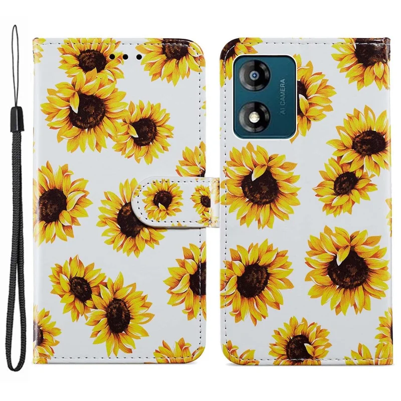 For Motorola Moto E13 4G PU Leather Pattern Printing Phone Case Stand Wallet Flip Phone Cover with Strap - Purple Flowers-Cellmalls