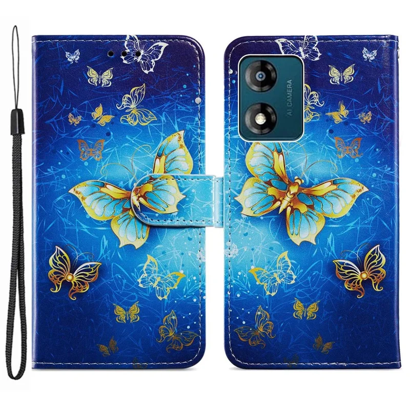 For Motorola Moto E13 4G PU Leather Pattern Printing Phone Case Stand Wallet Flip Phone Cover with Strap - Purple Flowers-Cellmalls
