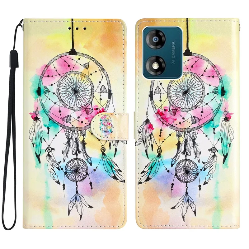For Motorola Moto E13 4G PU Leather Pattern Printing Phone Case Stand Wallet Flip Phone Cover with Strap - Purple Flowers-Cellmalls