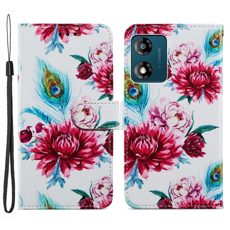 For Motorola Moto E13 4G PU Leather Pattern Printing Phone Case Stand Wallet Flip Phone Cover with Strap - Purple Flowers-Cellmalls