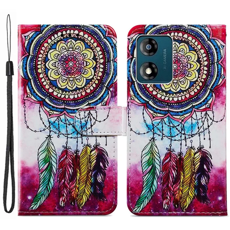 For Motorola Moto E13 4G PU Leather Pattern Printing Phone Case Stand Wallet Flip Phone Cover with Strap - Purple Flowers-Cellmalls