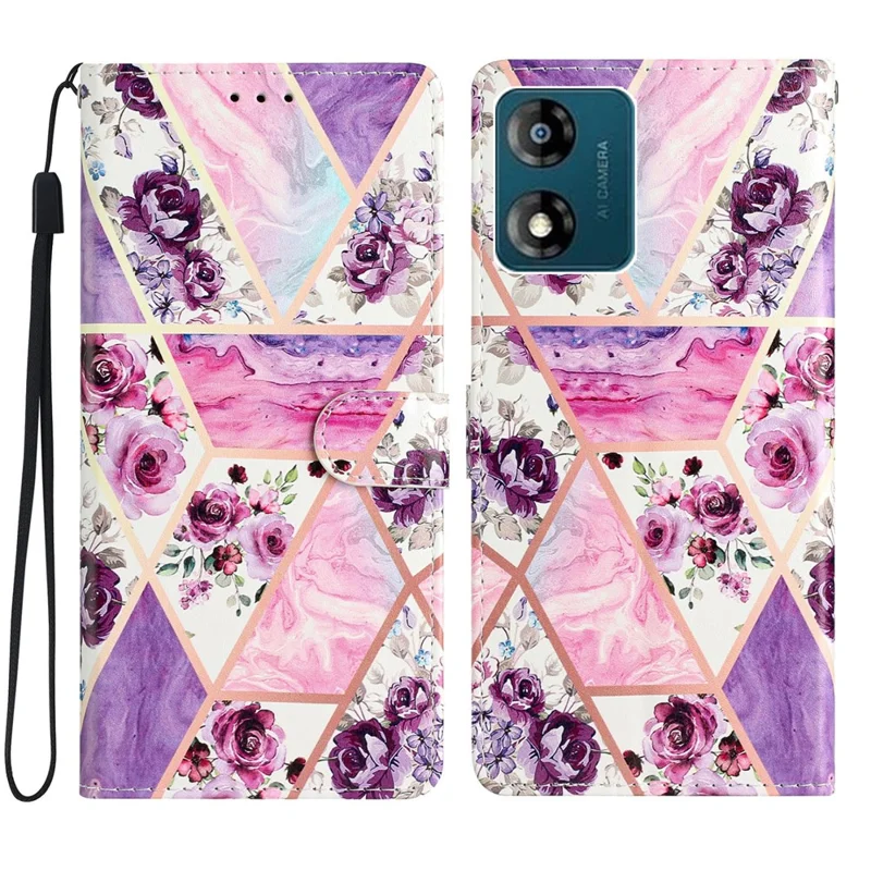 For Motorola Moto E13 4G PU Leather Pattern Printing Phone Case Stand Wallet Flip Phone Cover with Strap - Purple Flowers-Cellmalls