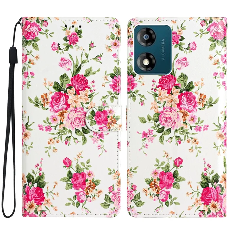 For Motorola Moto E13 4G PU Leather Pattern Printing Phone Case Stand Wallet Flip Phone Cover with Strap - Purple Flowers-Cellmalls