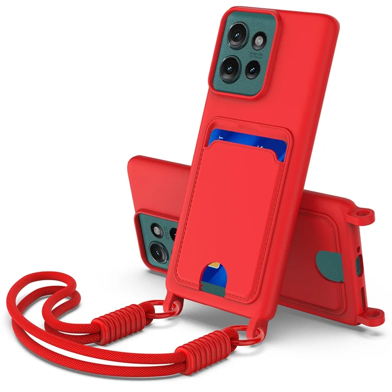 For Motorola Edge 50 5G Liquid Silicone Case Phone Back Cover with Card Holder and Short Strap - Black-Cellmalls