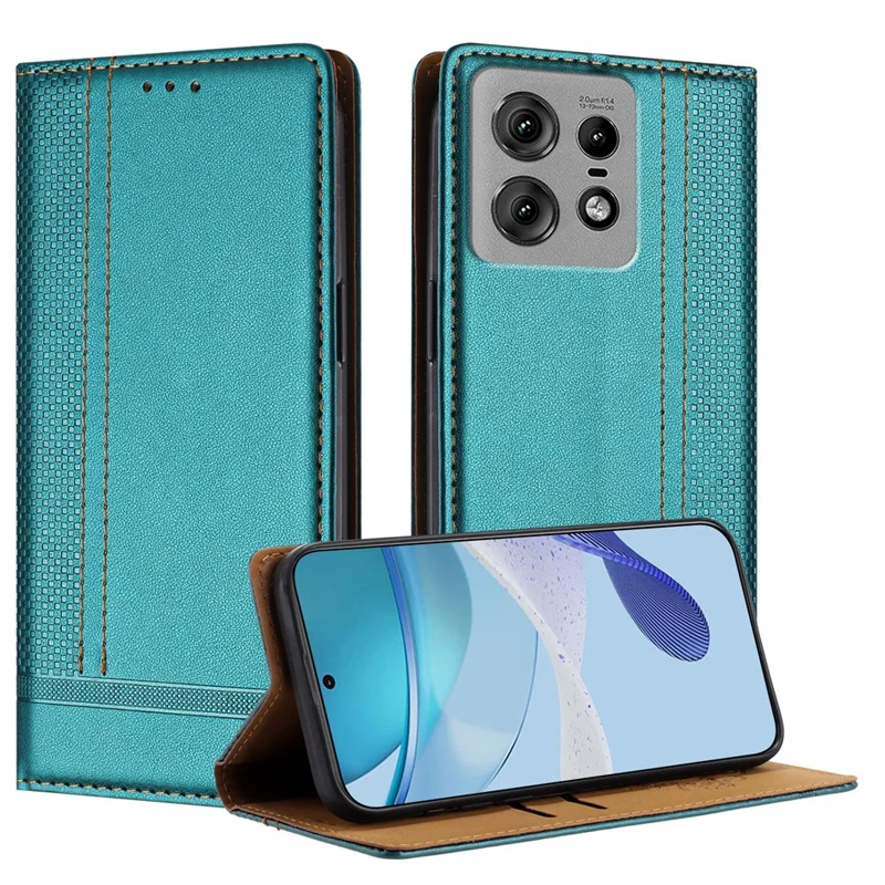 For Motorola Edge 50 Pro 5G Case L-Shaped Grid Pattern Leather Stand Phone Cover with Card Slots - Blue-Cellmalls
