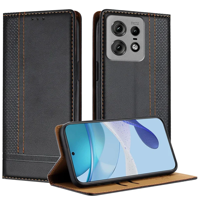 For Motorola Edge 50 Pro 5G Case L-Shaped Grid Pattern Leather Stand Phone Cover with Card Slots - Blue-Cellmalls