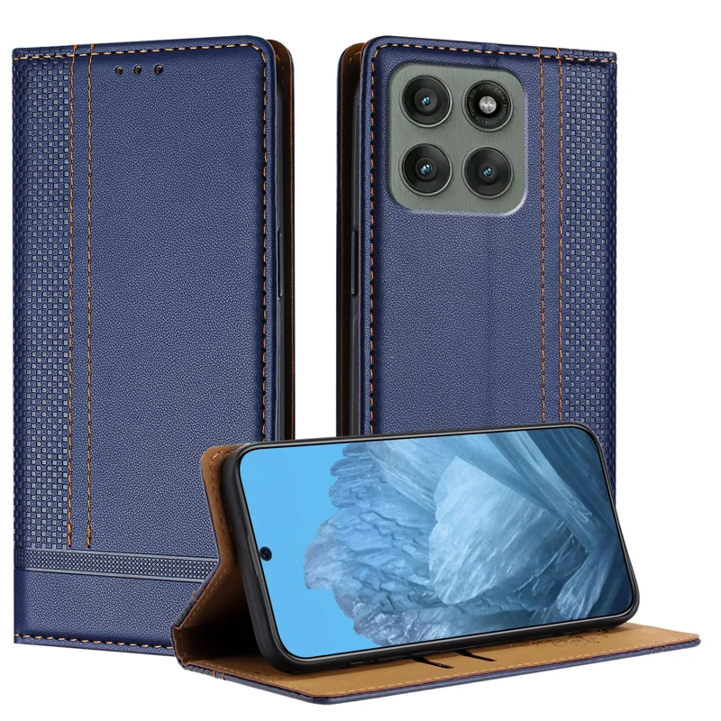 For Motorola Edge 60 Pro 5G Case L-Shaped Grid Pattern Leather Stand Phone Cover with Card Slots - Blue-Cellmalls