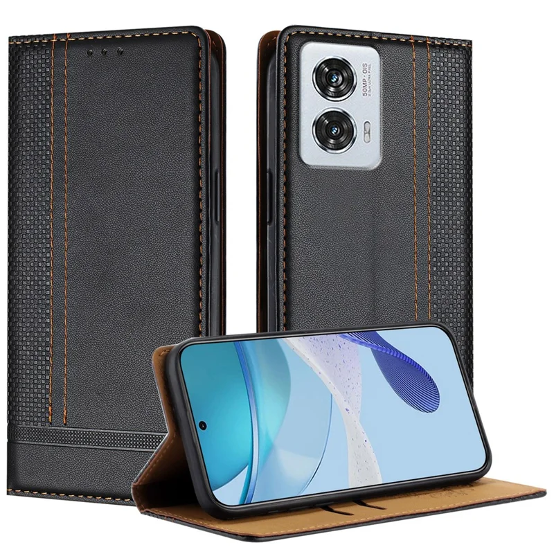For Motorola Edge 50 Fusion 5G Case L-Shaped Grid Pattern Leather Stand Phone Cover with Card Slots - Blue-Cellmalls