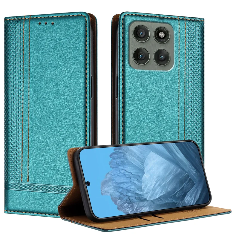 For Motorola Edge 60 Pro 5G Case L-Shaped Grid Pattern Leather Stand Phone Cover with Card Slots - Blue-Cellmalls
