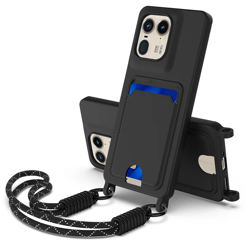 For Motorola Moto X50 Ultra 5G / Motorola Edge 50 Ultra 5G Liquid Silicone Case  Phone Back Cover with Card Holder and Short Strap - Black-Cellmalls
