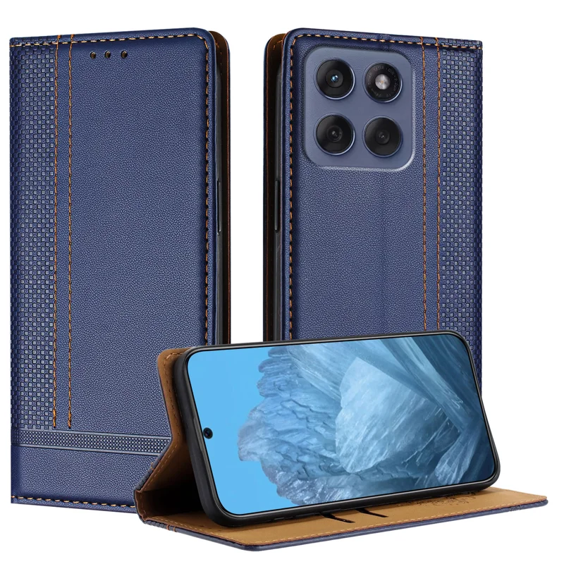 For Motorola Moto G86 5G Case L-Shaped Grid Pattern Leather Stand Phone Cover with Card Slots - Blue-Cellmalls