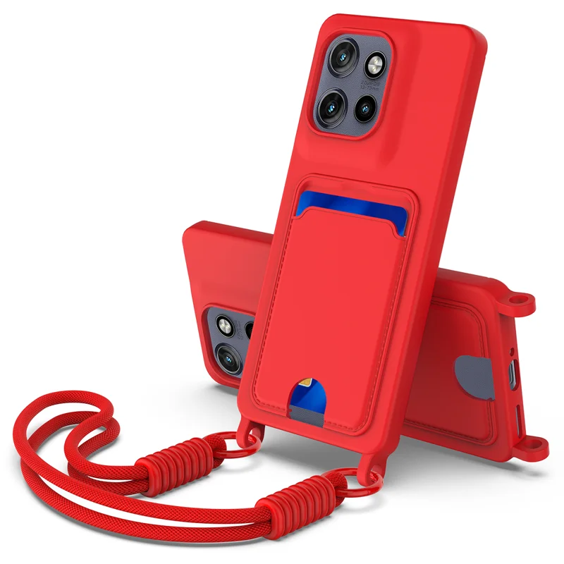 For Motorola Moto S50 5G / Motorola ThinkPhone 25 5G / Motorola Edge 50 Neo 5G Liquid Silicone Case  Phone Back Cover with Card Holder and Short Strap - Black-Cellmalls