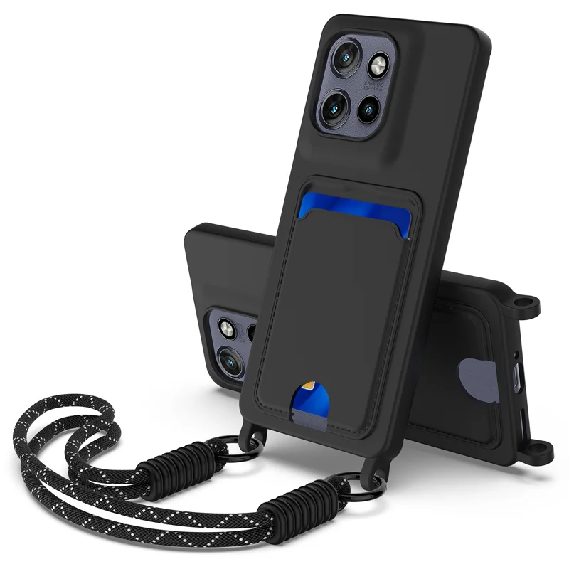 For Motorola Moto S50 5G / Motorola ThinkPhone 25 5G / Motorola Edge 50 Neo 5G Liquid Silicone Case  Phone Back Cover with Card Holder and Short Strap - Black-Cellmalls