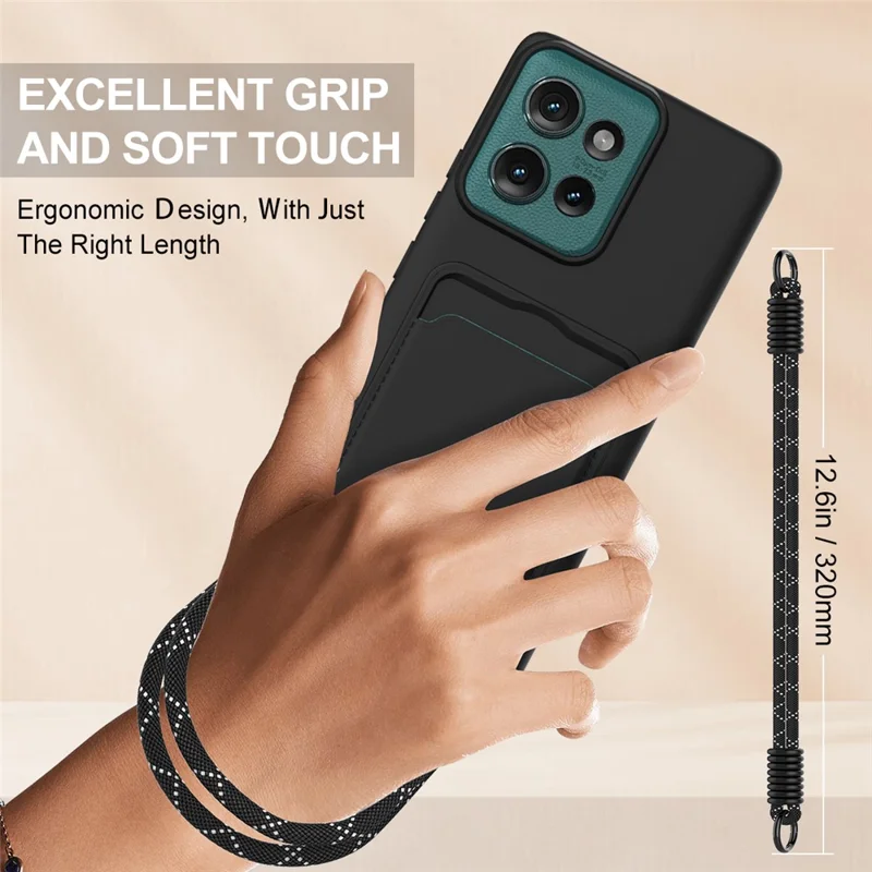 For Motorola Edge 50 5G Liquid Silicone Case Phone Back Cover with Card Holder and Short Strap - Black-Cellmalls