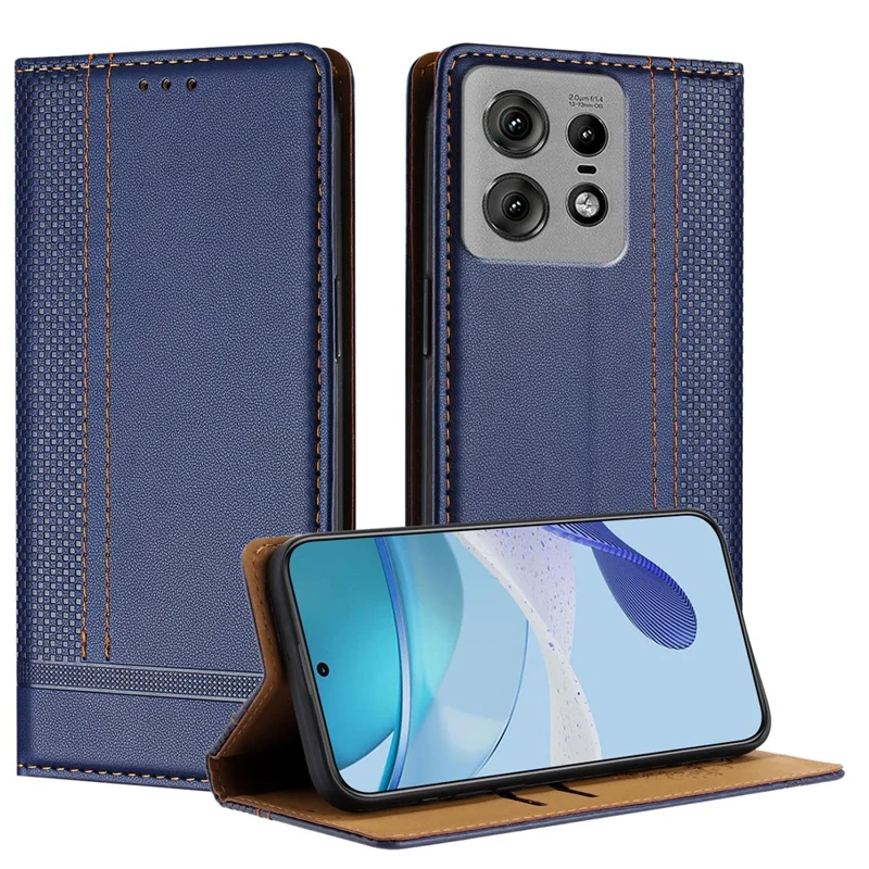 For Motorola Edge 50 Pro 5G Case L-Shaped Grid Pattern Leather Stand Phone Cover with Card Slots - Blue-Cellmalls