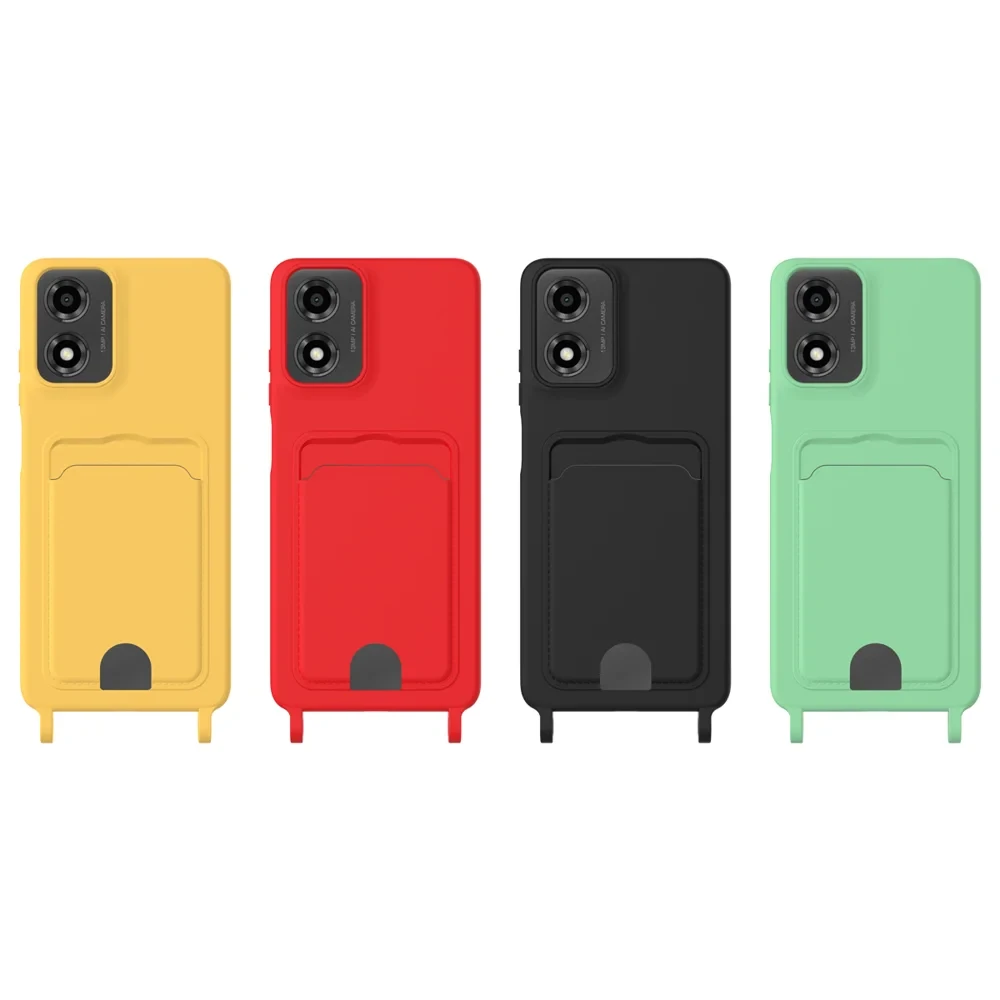 For Motorola Moto G04s 4G / Motorola Moto G24 4G / Motorola Moto E14 4G / Motorola Moto G04 4G Liquid Silicone Case  Phone Back Cover with Card Holder and Short Strap - Black-Cellmalls