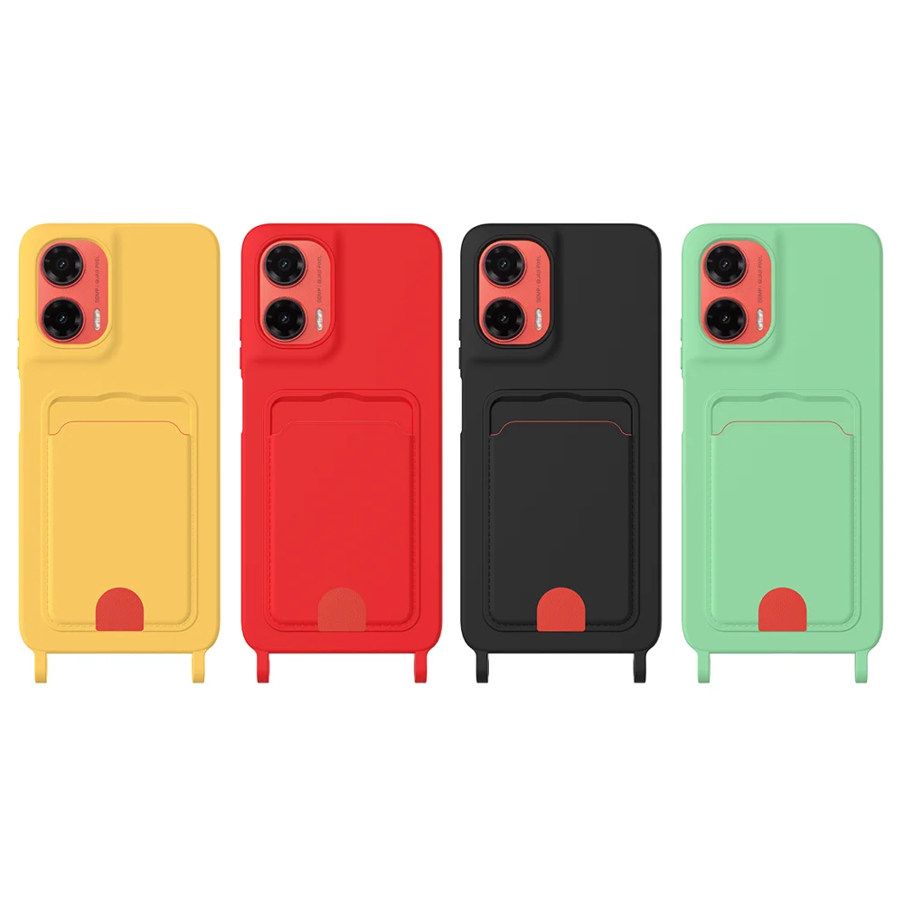 For Motorola Moto G35 5G Liquid Silicone Case  Phone Back Cover with Card Holder and Short Strap - Black-Cellmalls