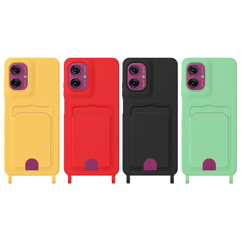 For Motorola Moto G55 5G Liquid Silicone Case  Phone Back Cover with Card Holder and Short Strap - Black-Cellmalls