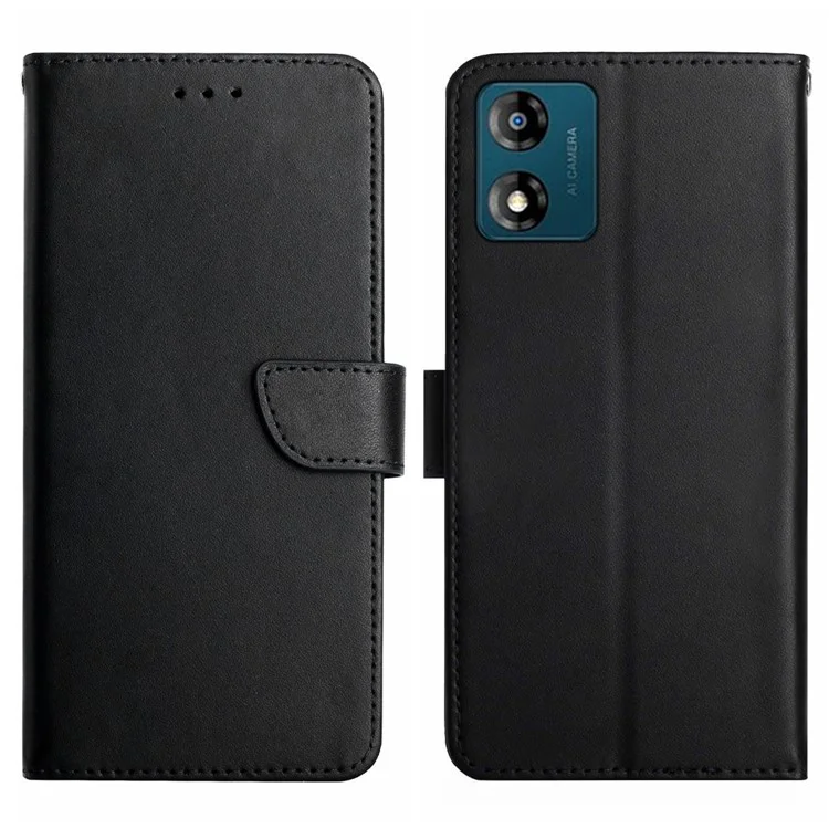 HT02 For Motorola Moto E13 4G Anti-Fingerprint Phone Shell Genuine Leather Nappa Texture Wallet Stand Phone Case Cover - Black-Cellmalls