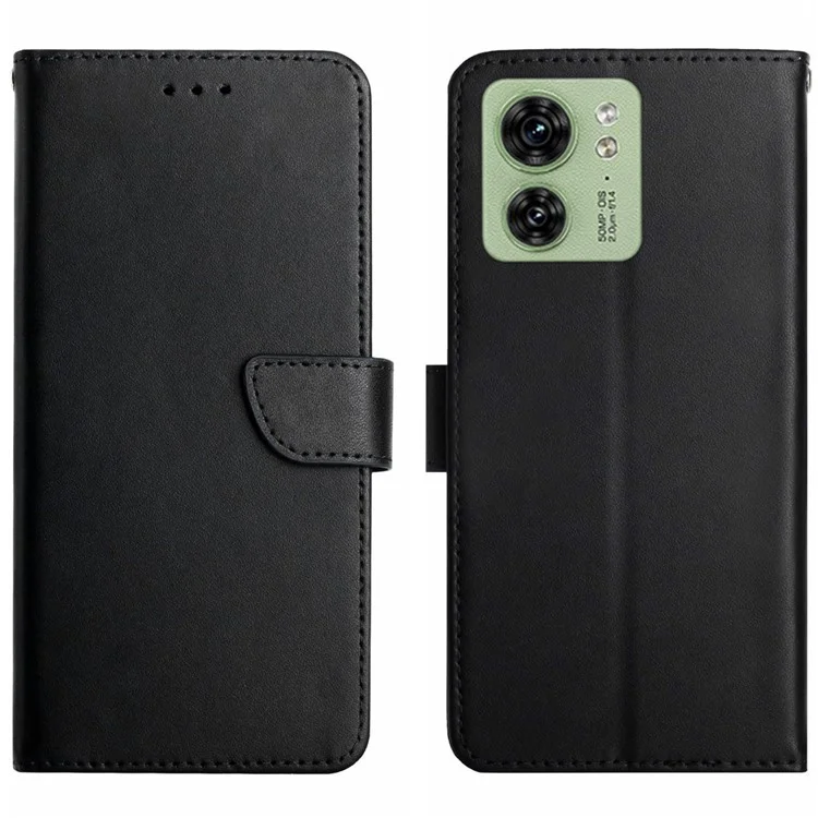 HT02 For Motorola Edge 40 5G Wallet Phone Case Genuine Cow Leather Stand Phone Cover - Black-Cellmalls