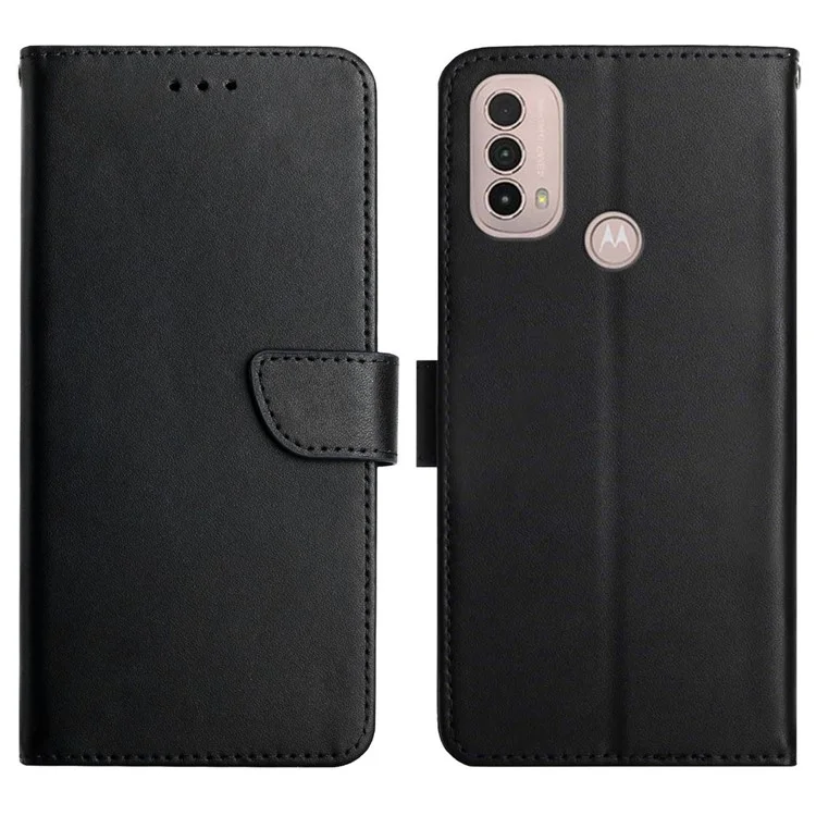 Nappa Texture Mobile Phone Shell Genuine Leather Wallet Stand Protective Case for Motorola Moto E20/E30/E40 - Black-Cellmalls